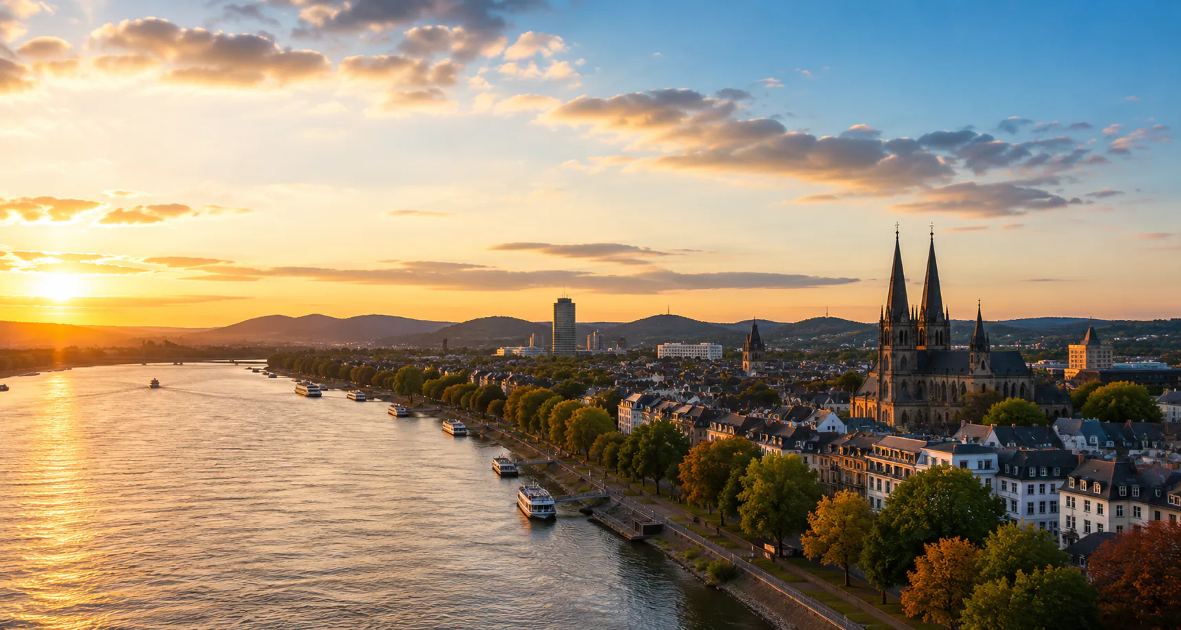 Rheinufer mit Münster, Post-Tower und Siebengebirge im Abendlicht
