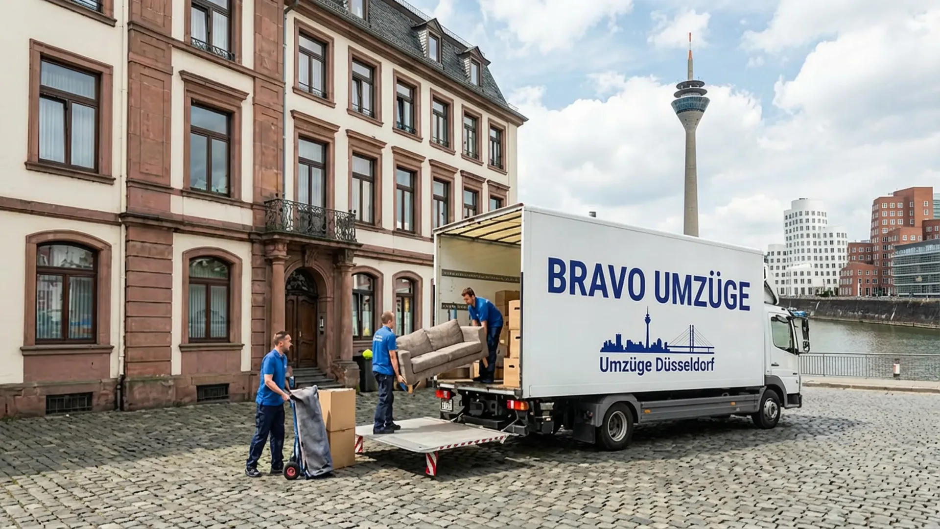 Umzugswagen mit der Aufschrift Bravo Umzüge vor einem Altbau, im Hintergrund der Düsseldorfer Rheinturm