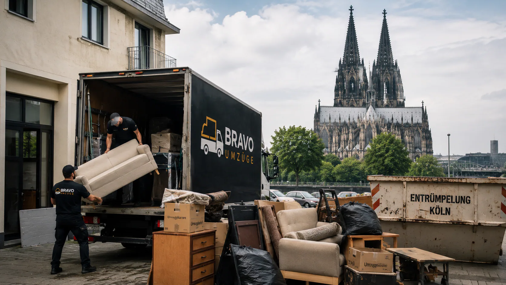 Zwei Helfer laden ein Sofa in den Umzugswagen, daneben ein Container mit der Aufschrift Entrümpelung Köln, im Hintergrund der Dom