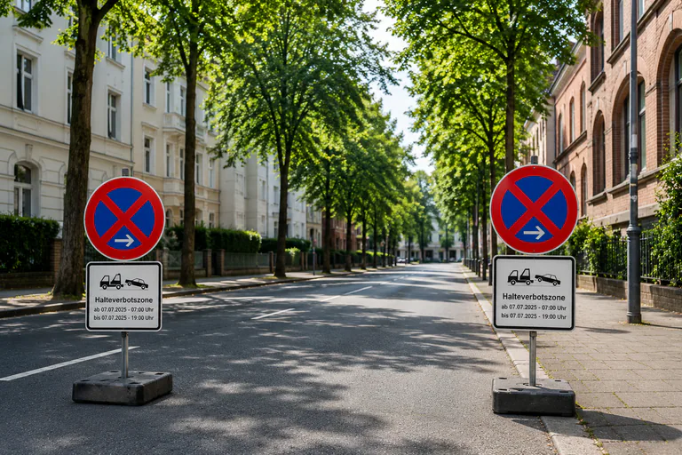 Zwei Halteverbotsschilder auf beiden Straßenseiten in einer Allee vor Altbauten