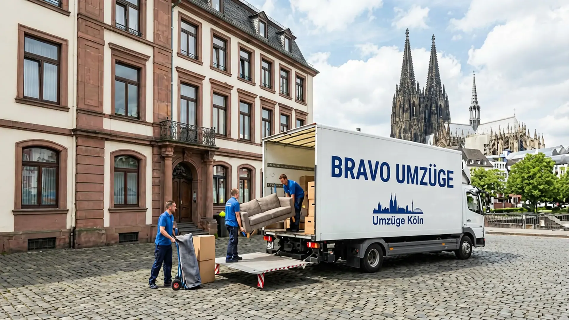 Umzugswagen mit der Aufschrift Bravo Umzüge wird vor einem Altbau beladen, im Hintergrund der Kölner Dom