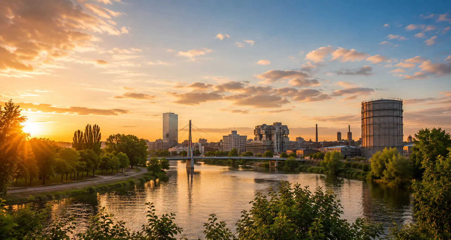 Flussufer mit Brücke, Hochhaus und Gasometer im Abendlicht