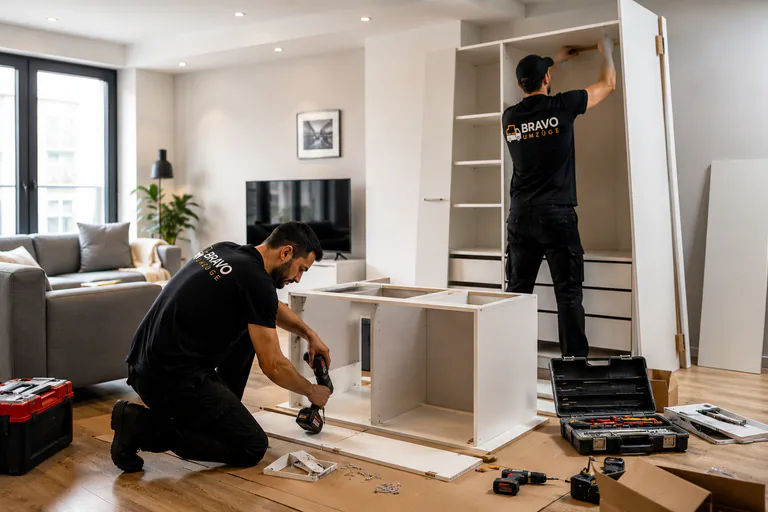 Zwei Monteure bauen einen Schrank in einem hellen Wohnzimmer auf